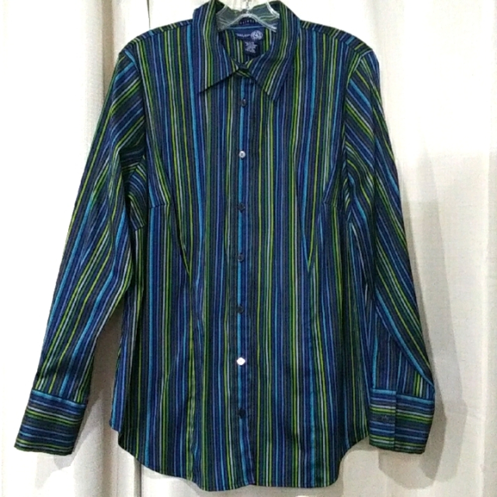 Women's Vezenia Jeans Clothing Co Blue, Green, Black & Gray Striped Shir…